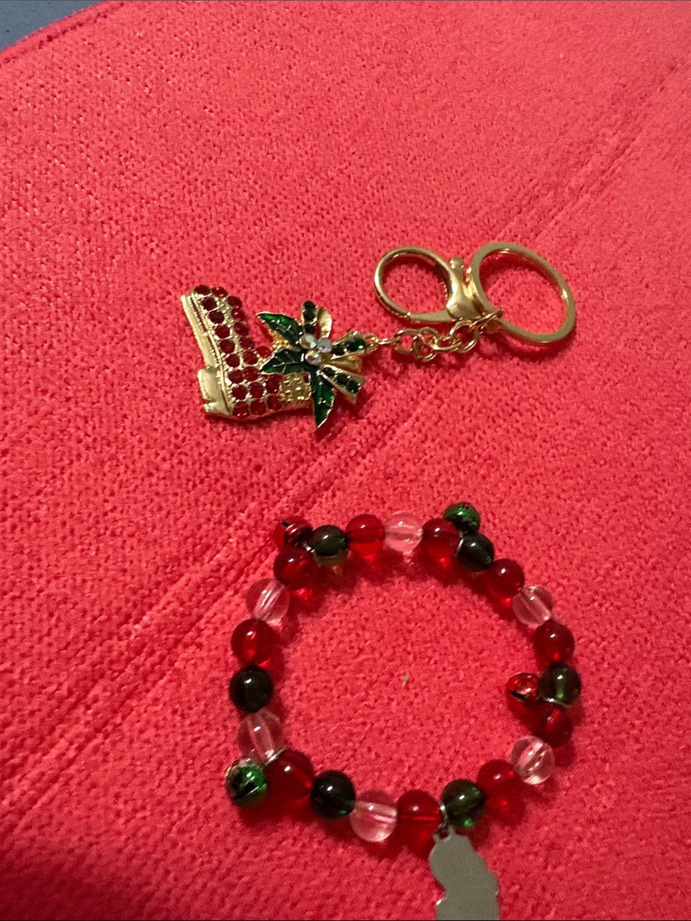 Mint Red and Green Beaded Bracelet with Gold Holiday Charm Keyring